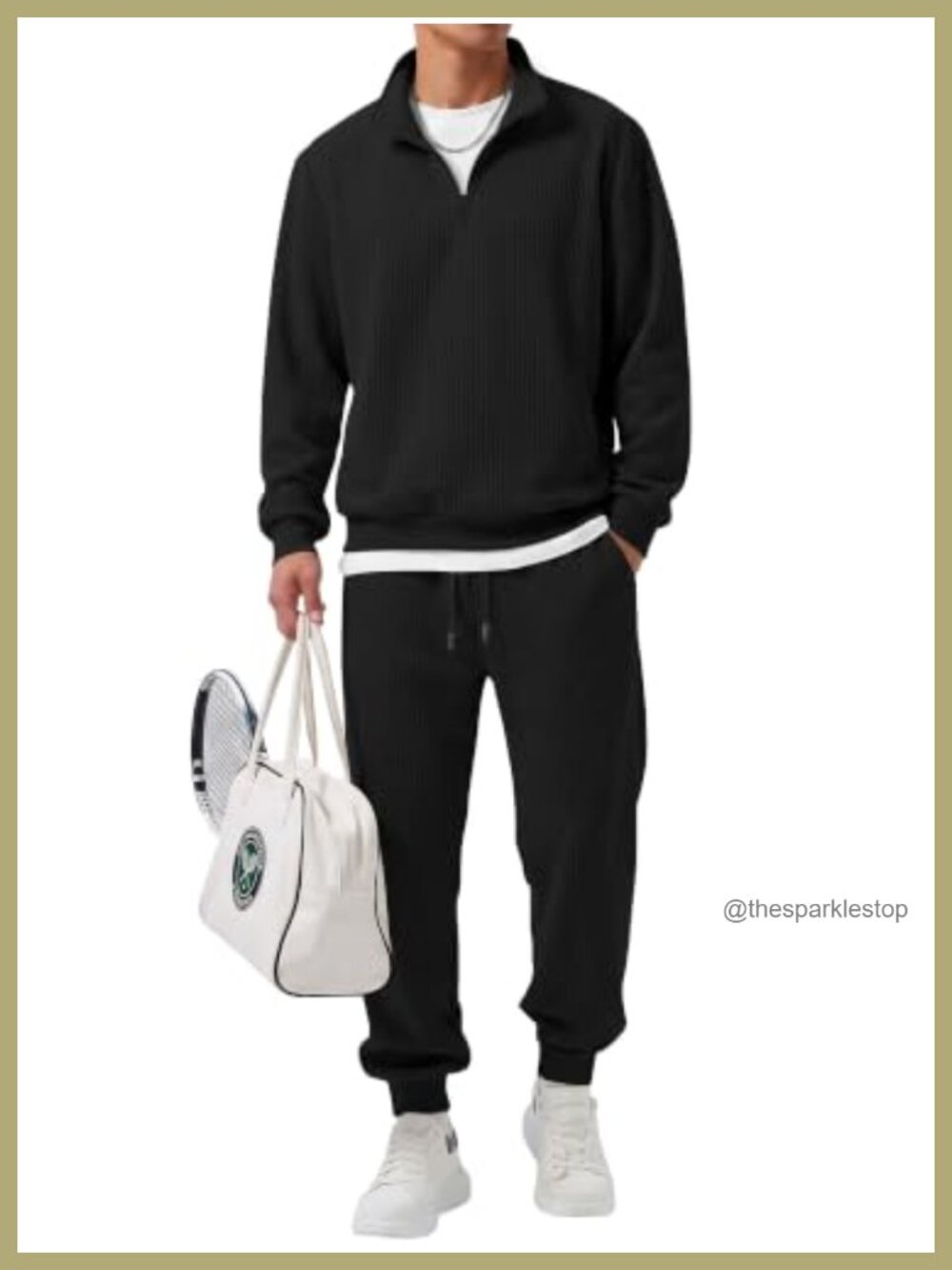 Mens 2 Piece Sweatsuit Ribbed Quarter Zip Jogger Set Workout Tracksuit